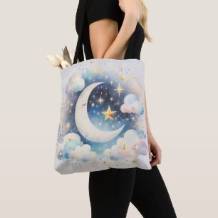 Tote Bag Croissant de Lune Céleste Bleu et Blanc Bohème Mod