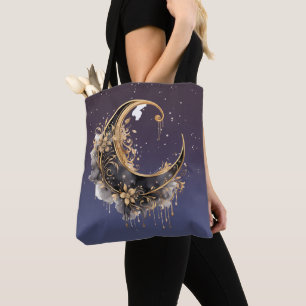 Tote Bag Croissant de lune étoilé noir et or Halloween