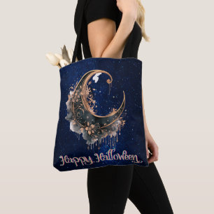 Tote Bag Croissant de lune Halloween noir et or rose