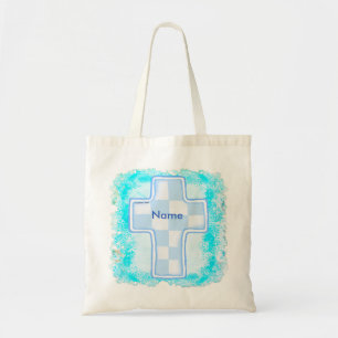 Tote Bag Croix chrétienne à carreaux bleus