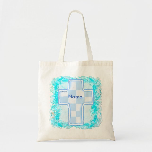 Tote Bag Croix chrétienne à carreaux bleus (Devant)