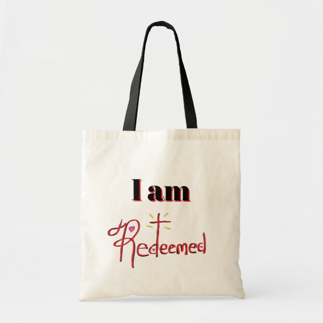 Tote Bag Croix chrétienne «Je suis racheté» avec cœurs (Devant)
