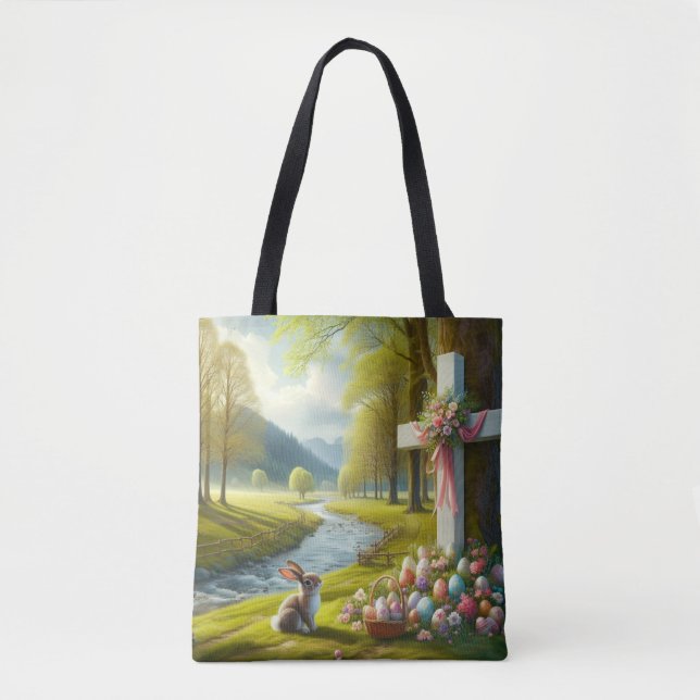Tote Bag Croix de Pâques avec lapin et oeufs (Devant)