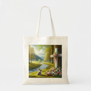 Tote Bag Croix de Pâques avec lapin et oeufs