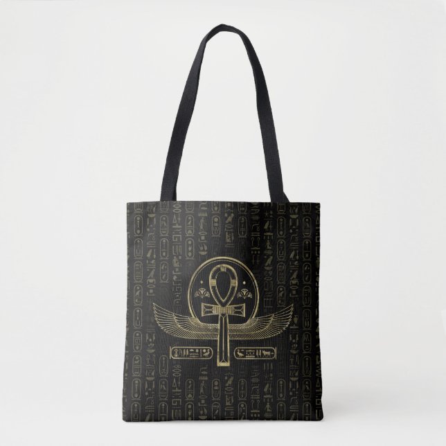 Tote Bag Croix égyptienne - Ankh - Or et noir (Devant)
