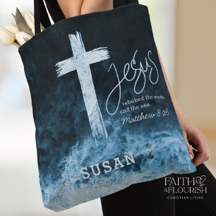 Tote Bag Croix sur l'eau bleu foncé Écriture personnalisée