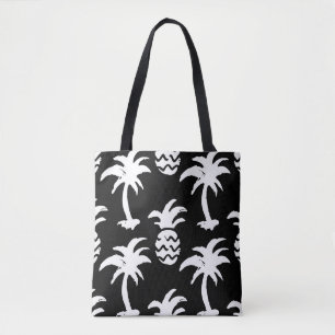 Tote Bag Croquez palmiers, ananas, motif monochrome.