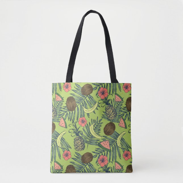 Tote Bag Croquis de fruit tropical sur le motif vert (Devant)