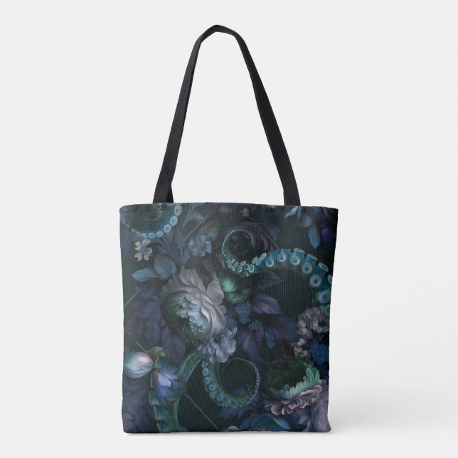 Tote Bag Cthulhu gothique turquoise tentacule avec fleurs (Dos)