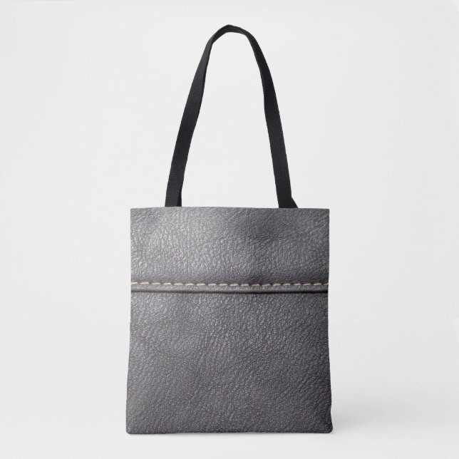 Tote Bag Cuir noir cousu avec couture blanche (Devant)