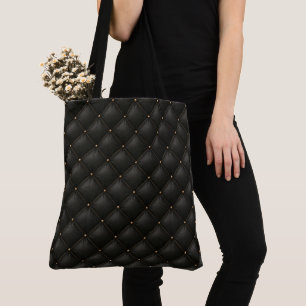 Tote Bag Cuir Noir Matelassé avec Clous Dorés