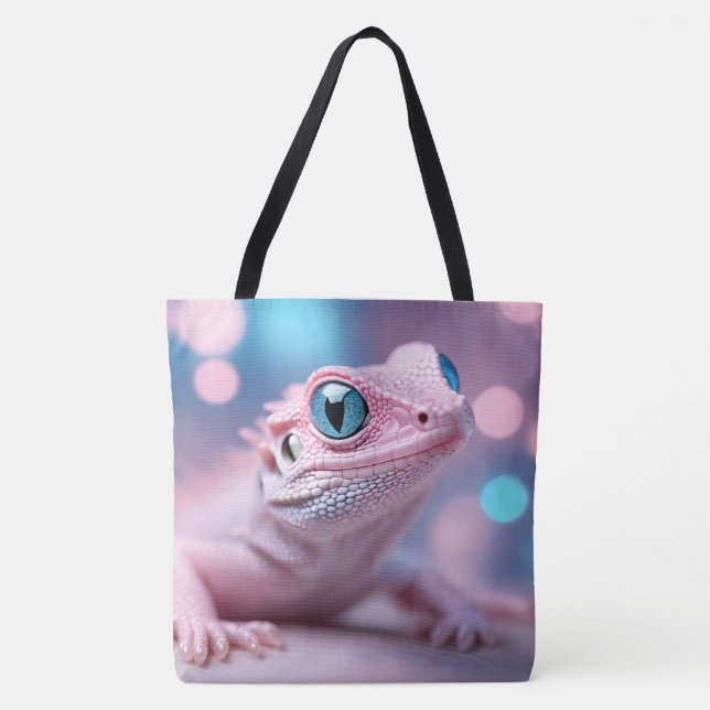Tote Bag Cuisine Petit Lézard Rose aux Grands Yeux Bleus (Devant)