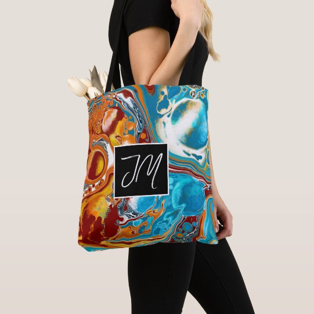 Tote Bag Cuivre et marbre bleu Fluid Art personnalisé (De près)
