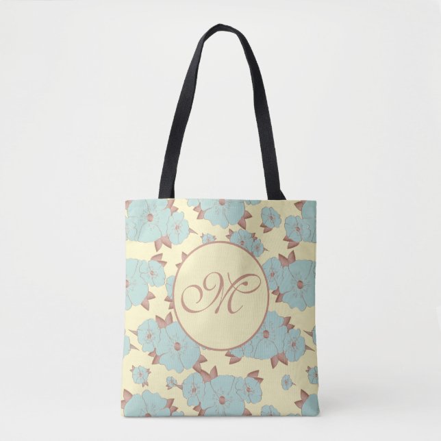 Tote Bag Cuivre Pale Turquoise Floral sur Pastel jaune (Devant)