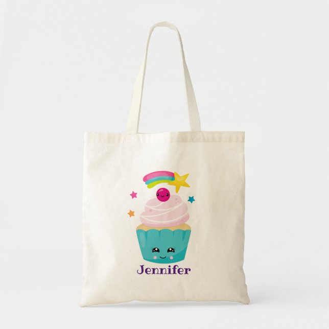 Tote Bag Cupcake bleu mignon avec visage Kawaii (Devant)