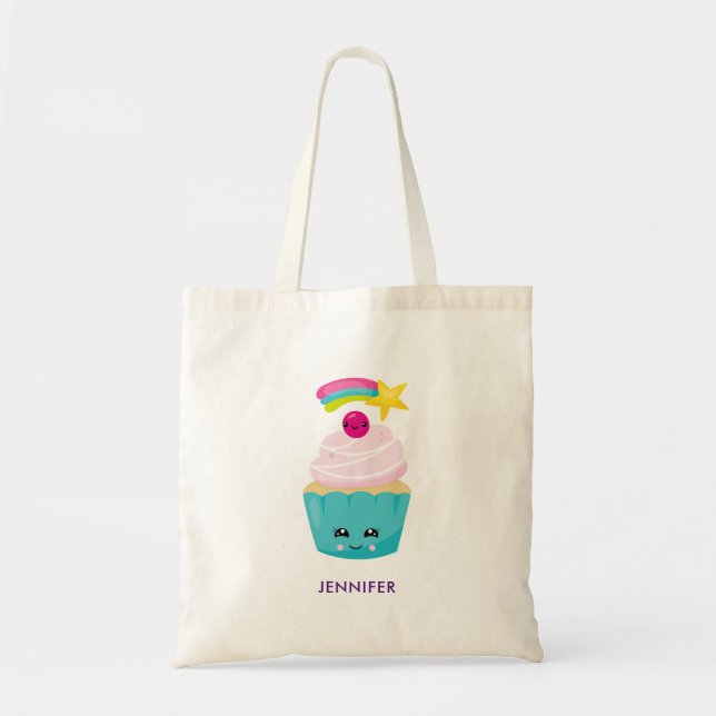 Tote Bag Cupcake bleu mignon avec visage Kawaii (Devant)