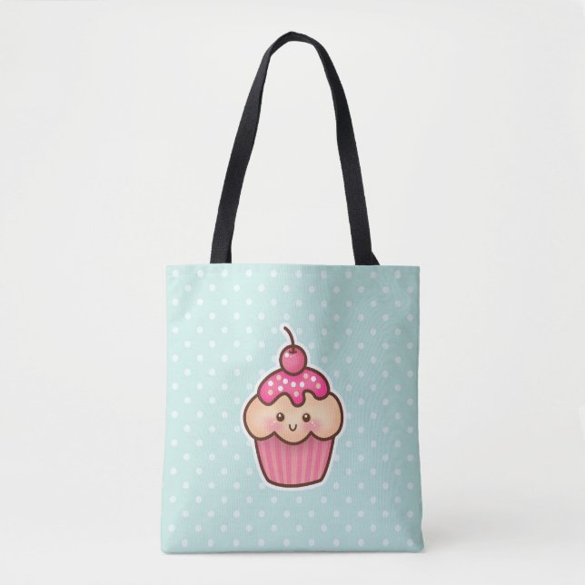 Tote Bag Cupcake rose Kawaii et Pois bleu Mint (Devant)