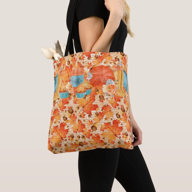 Tote Bag CUPCAKES À CHUTE turquoise ET ORANGE FLEURS À CAFÉ (De près)