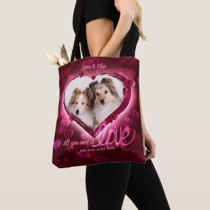 Tote Bag Custom 2 Photo, Pet Love Red & Blue Neon Hearts -