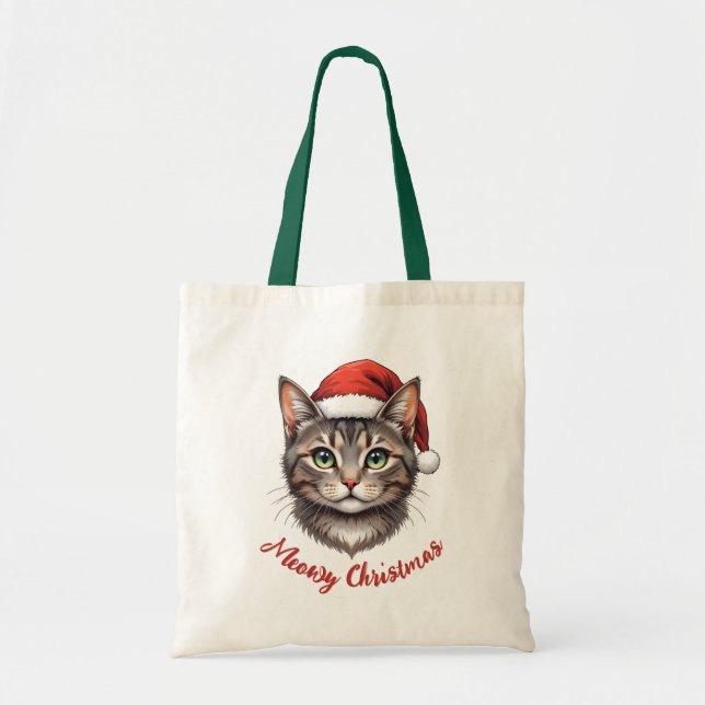 Tote Bag Custom Cute Christmas Cat with Santa Hat (Devant)
