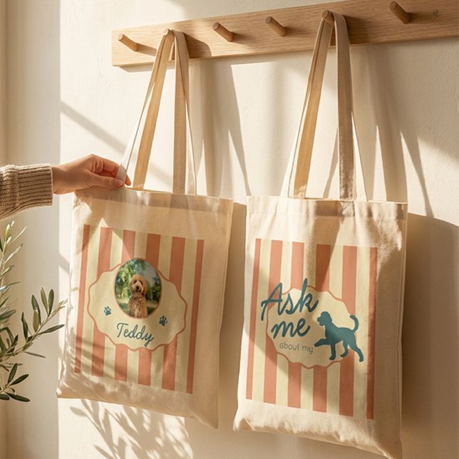 Tote Bag Custom Golden Doodle Photo Name Terracotta Stripes (Créateur téléchargé)