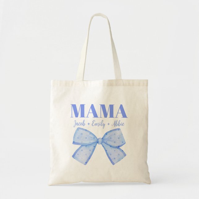 Tote Bag Custom Kids Names Blue Coquette Mama Fête des Mère (Devant)
