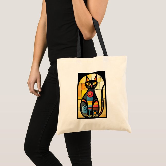 Tote Bag Custom Name Faux Stained Glass Cat (Devant (produit))