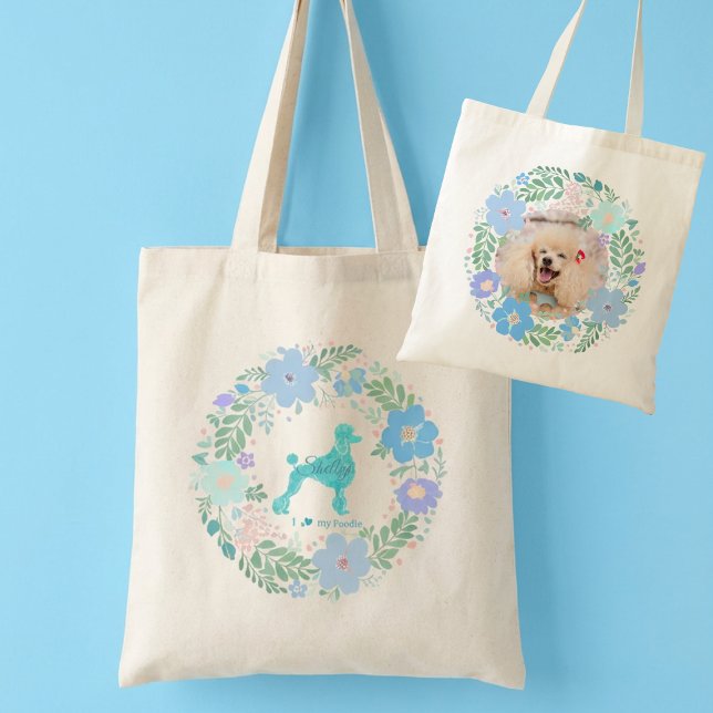Tote Bag Custom Photo Poodle Tote – Pastel Blue Floral (Créateur téléchargé)