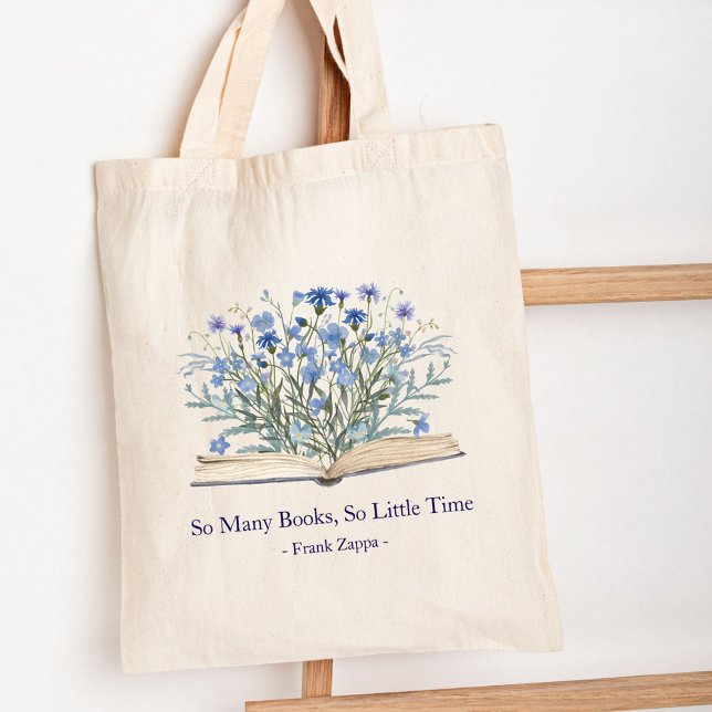 Tote Bag Custom Quote Blue Wildflowers Grow From Book (In situ)