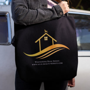 Tote Bag Custom Real Estate Company Chic Black Gold Realtor