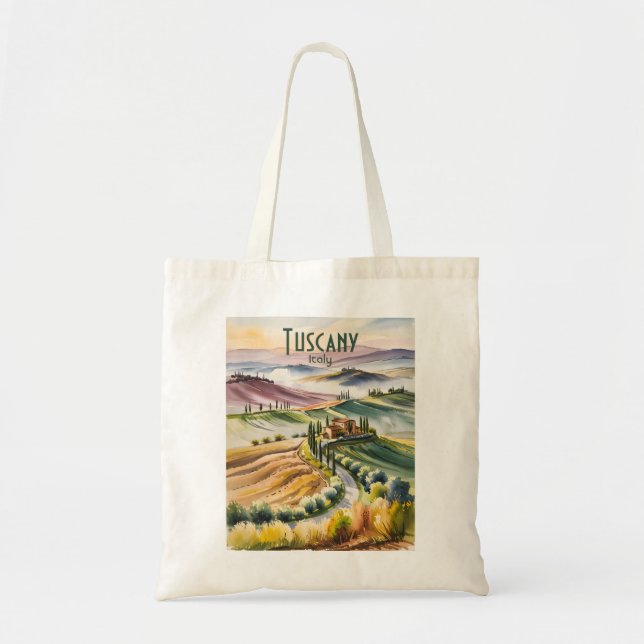 Tote Bag Custom Tuscany Watercolor Rolling Hills Landscape (Devant)