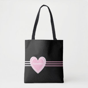 Tote Bag Customisé Élégant rose blanc Coeur rayures Noir