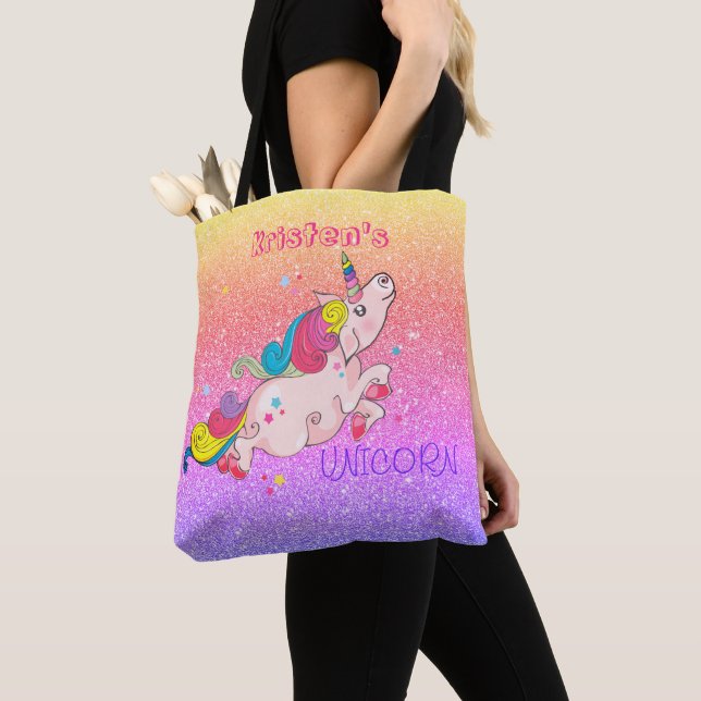Tote Bag CustomText/ Rainbow Kawaii Unicorn Parties scintil (De près)