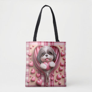Tote Bag Cute 3D Shih Tzu dans un Arrière - plan rose et bl