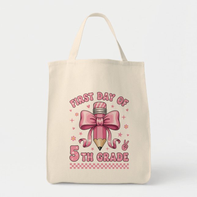Tote Bag Cute 5th Grade Girl Pink Bow Groovy Pencil Design (Devant)