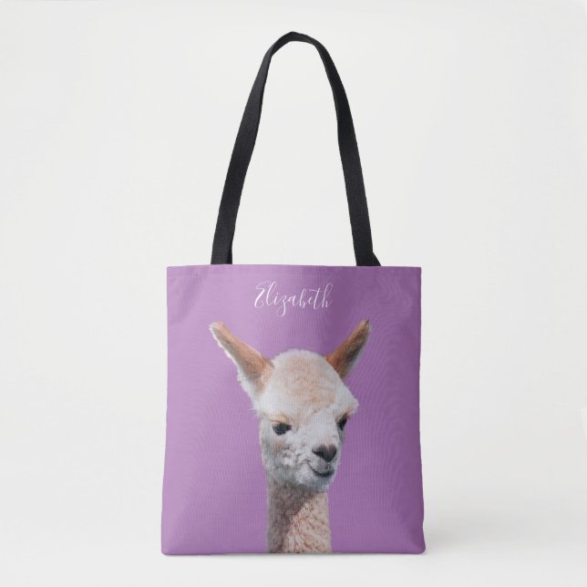 Tote Bag Cute Alpaca, Personnaliser Nom, Lavande (Devant)