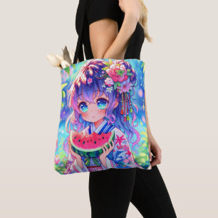 Tote Bag Cute Anime Girl Manger Watermelon sur une journée 