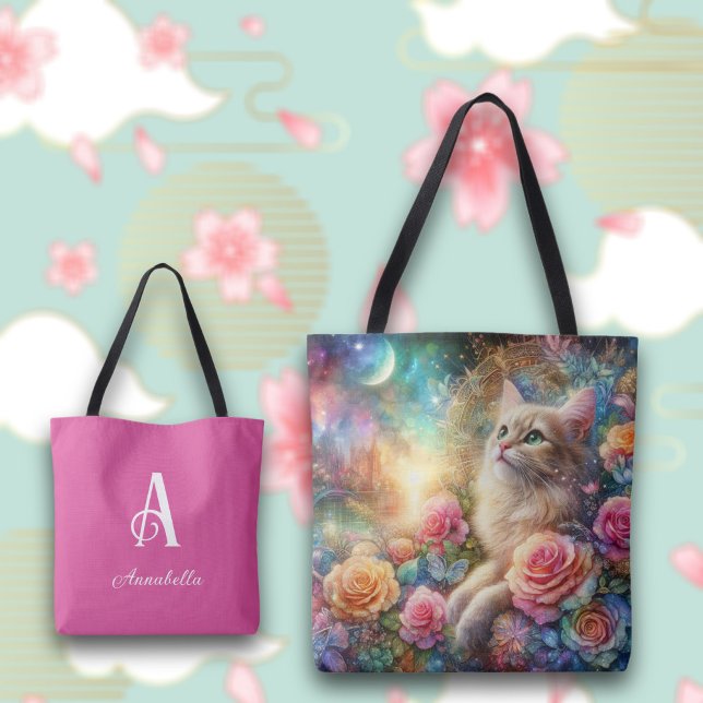 Tote Bag Cute Aquarelle Chat Imaginaire Floral Personnalisé (Créateur téléchargé)