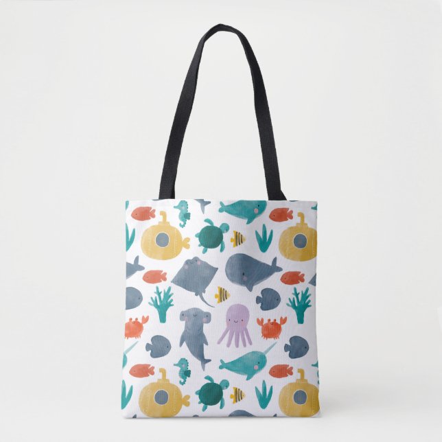Tote Bag Cute Aquarelle Océan Animaux Motif (Devant)