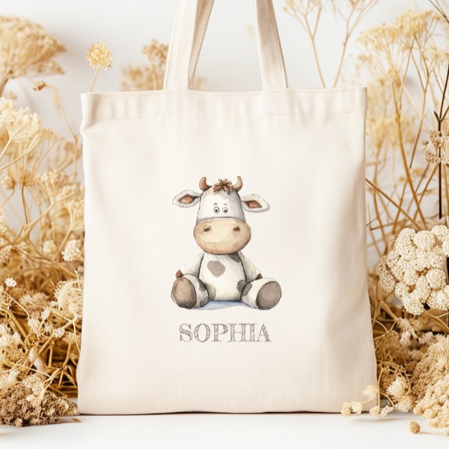 Tote Bag Cute Aquarelle Plush Vache Personnalisé Enfants (Créateur téléchargé)