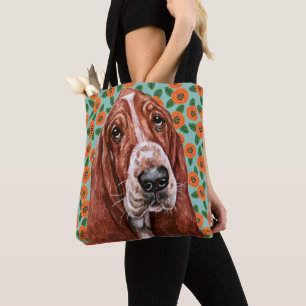 Tote Bag Cute Basset Hound Red Poppy Motif