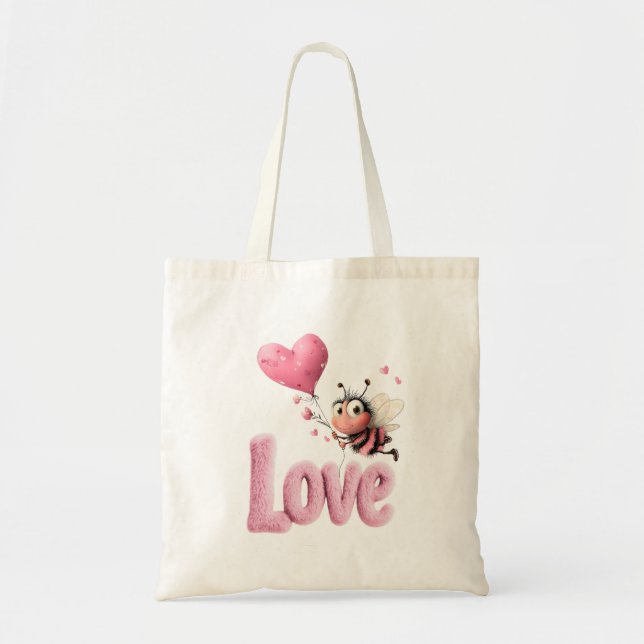 Tote Bag Cute Bee Fluffy Pink Love Heart Balloon  (Devant)