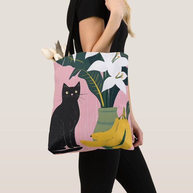 Tote Bag Cute Black cat with White Flower (De près)