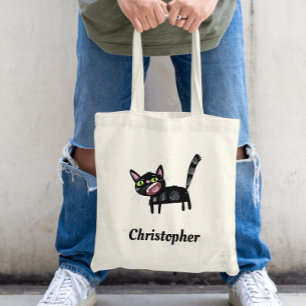 Tote Bag Cute Black Scruffy Cartoon Kitten Chat