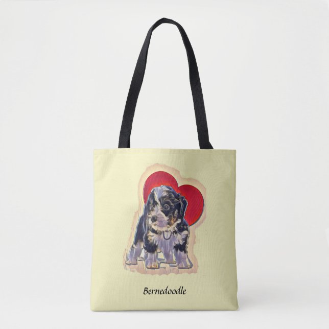 Tote Bag Cute Black Tan PopArt Bernedoodle Coeur numérique (Devant)