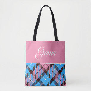 Tote Bag Cute Blue Baby Pink Plaid Tartan Nom personnalisé