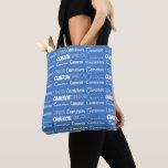 Tote Bag Cute Blue Personalized Name Collage<br><div class="desc">A cool personalized blue allover tote bag gift for decorated in nine different fonts spelling your name in white typography. Cute customizable present for with fun cursive script.</div>