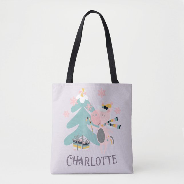 Tote Bag Cute Boho Christmas Unicorne avec nom sur Purple (Devant)
