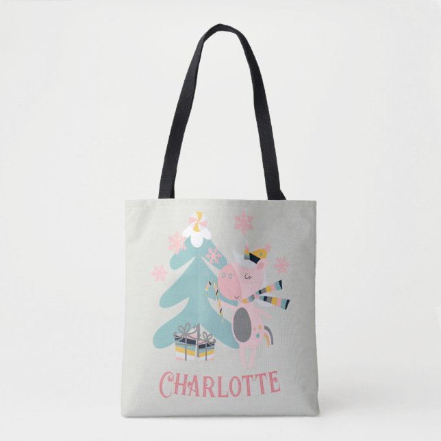 Tote Bag Cute Boho Christmas Unicorne avec nom sur Sage (Devant)
