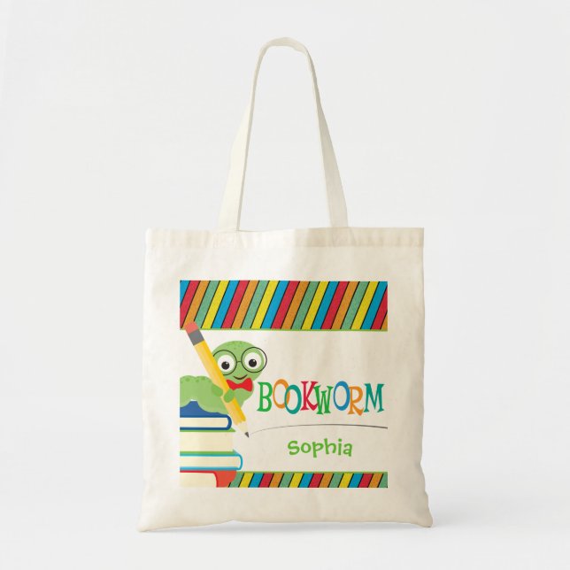 Tote Bag Cute Bookworm assis sur des livres Personnalisé (Devant)